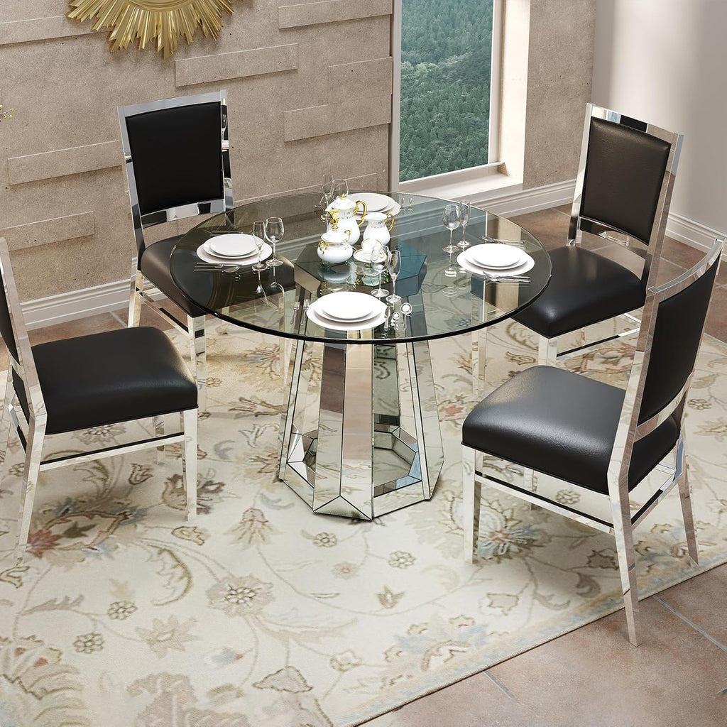 Henf Luxury Round Glass Dining Table for 4-6, Silver 47" Glass Kitchen Table with Mirrored Base, Modern Circle Dining Room Table (Table Only)