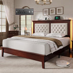 Lifezone Solid Wood Queen Bed Frame 41.5” Tall Diamond-Tufted Upholstered Headboard, American Classic Flat-Top Bed, Stable Structure, Wood Slats Support, Noise-Free, No Box Spring Needed, Redish Brown