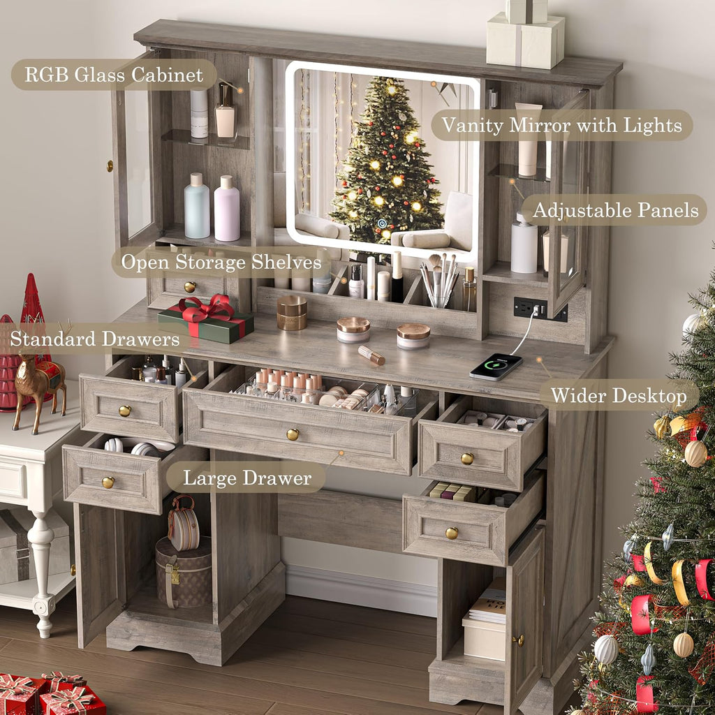 HUANLEGO Farmhouse Makeup Vanity Desk with Mirror and LED Lights, Grey | Vanity Mirror with Lights Desk for Women, Makeup Table Set with RGB Cabinet and 6 Drawers, Charging Station , 3 Light Modes