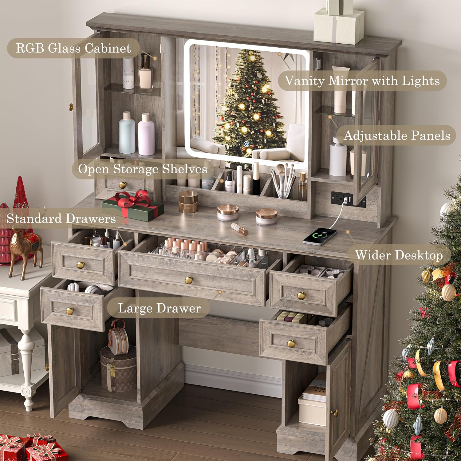 HUANLEGO Farmhouse Makeup Vanity Desk with Mirror and LED Lights, Grey | Vanity Mirror with Lights Desk for Women, Makeup Table Set with RGB Cabinet and 6 Drawers, Charging Station , 3 Light Modes