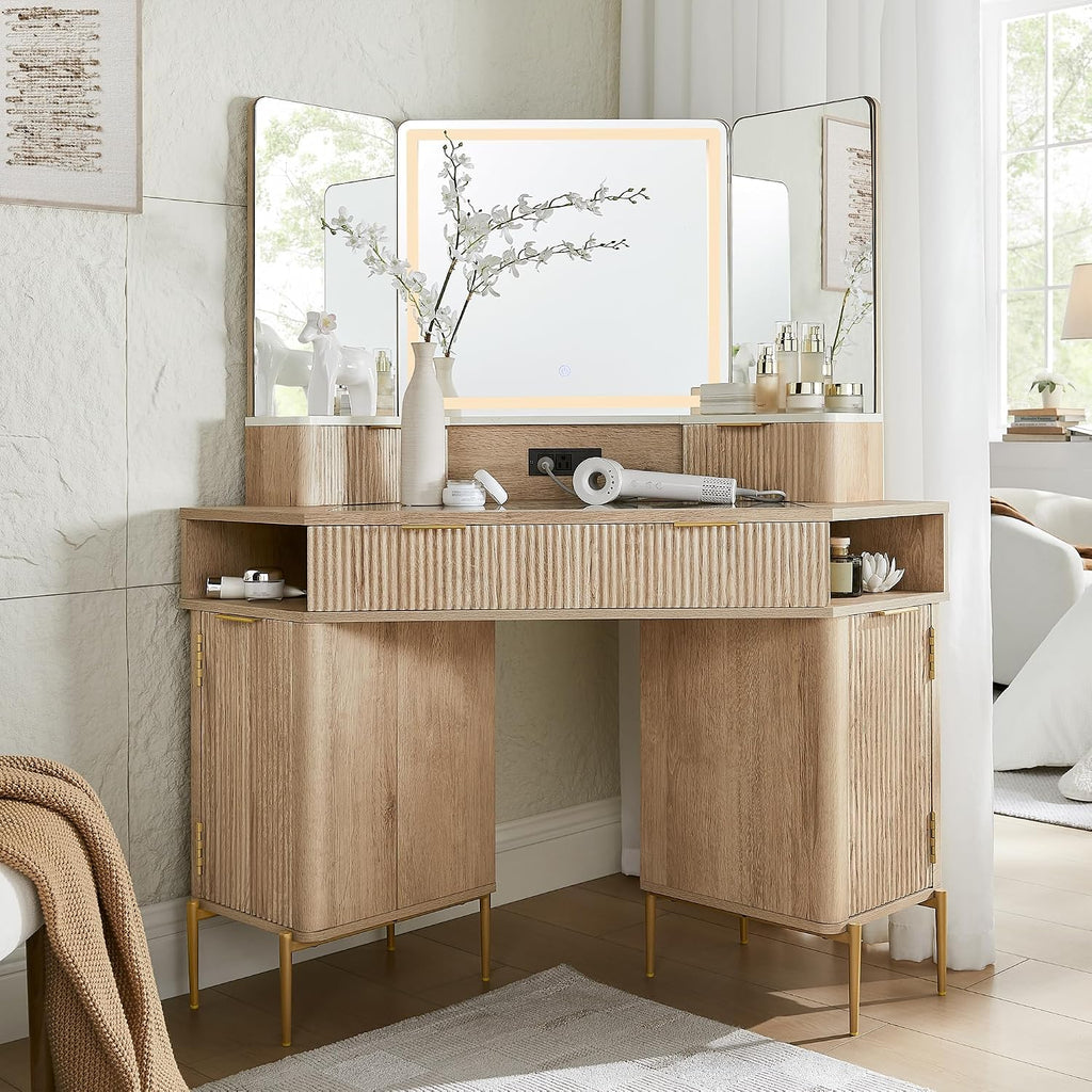 T4TREAM 48" Corner Makeup Vanity with Lighted Triple Mirror, Natural Oak | Modern, Fluted Vanity, Glass Top, 3 Drawers, 2 Cabinets, Organized Bedroom Storage