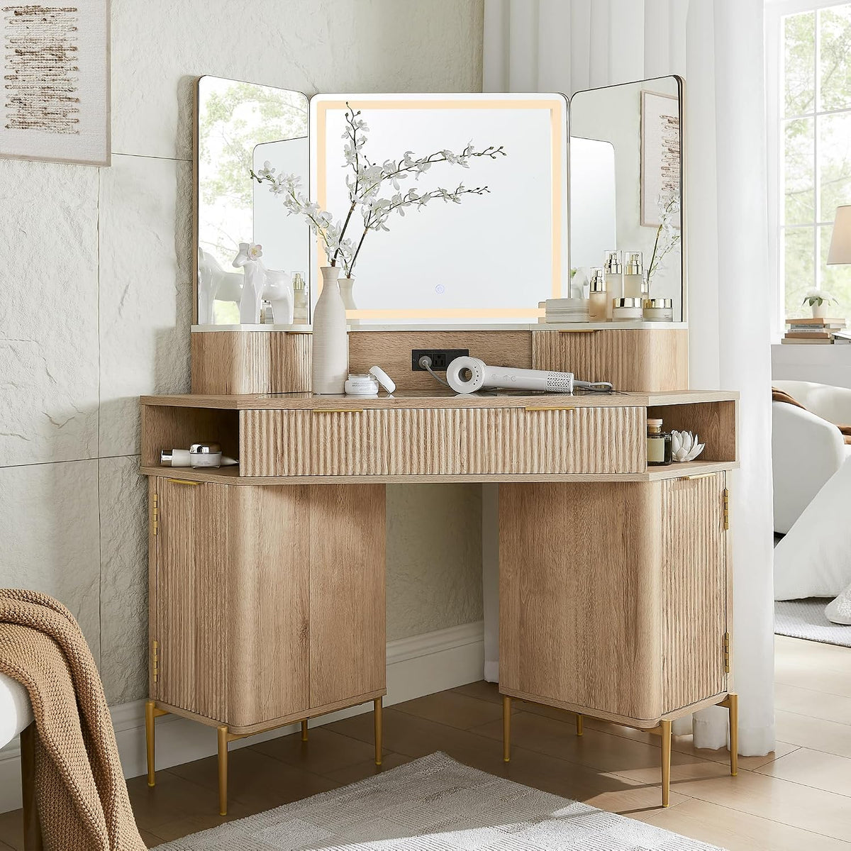 T4TREAM 48" Corner Makeup Vanity with Lighted Triple Mirror, Natural Oak | Modern, Fluted Vanity, Glass Top, 3 Drawers, 2 Cabinets, Organized Bedroom Storage