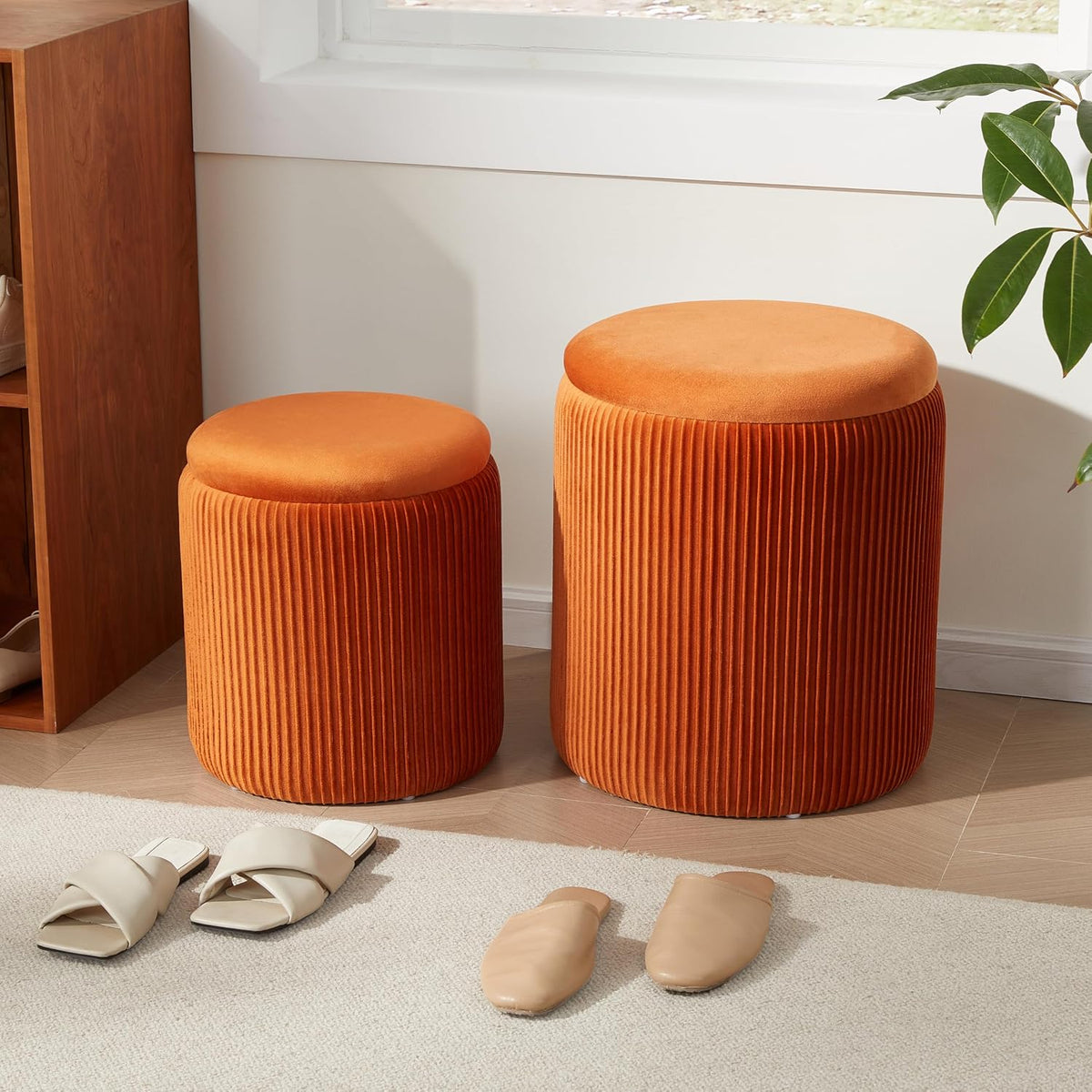 Royal Windsor Round Ottoman with Storage Set of 2, Storage Vanity Stool | Velvet Upholstered Round Storage Ottoman, Ottoman Coffee Table, Small Foot Stool for Living Room & Bedroom, Orange