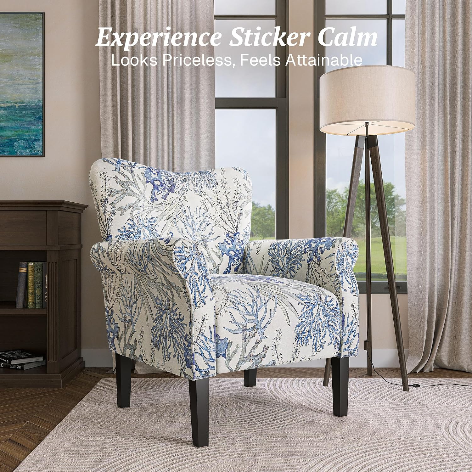 BELLEZE Modern Accent Chair for Living Room, High Back Linen Armchair with Wooden Legs, Upholstered Wingback Side Chair Padded Armrest Single Sofa for Living Room, Bedroom - Allston (Blue Coral)