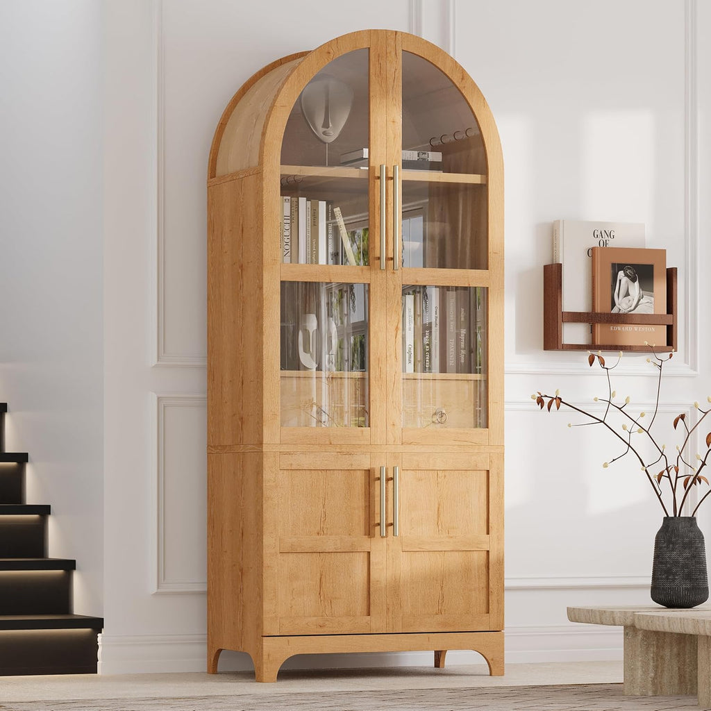 71" Tall Farmhouse Arched Pantry Cabinet with 4 Door Shelves, Adjustable Storage & Hidden Drawer - Rustic Kitchen Cupboard with Glass Door, Dining Room Organization (30"W x 15.75"D) (Natural)
