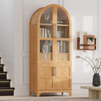 71" Tall Farmhouse Arched Pantry Cabinet with 4 Door Shelves, Adjustable Storage & Hidden Drawer - Rustic Kitchen Cupboard with Glass Door, Dining Room Organization (30"W x 15.75"D) (Natural)
