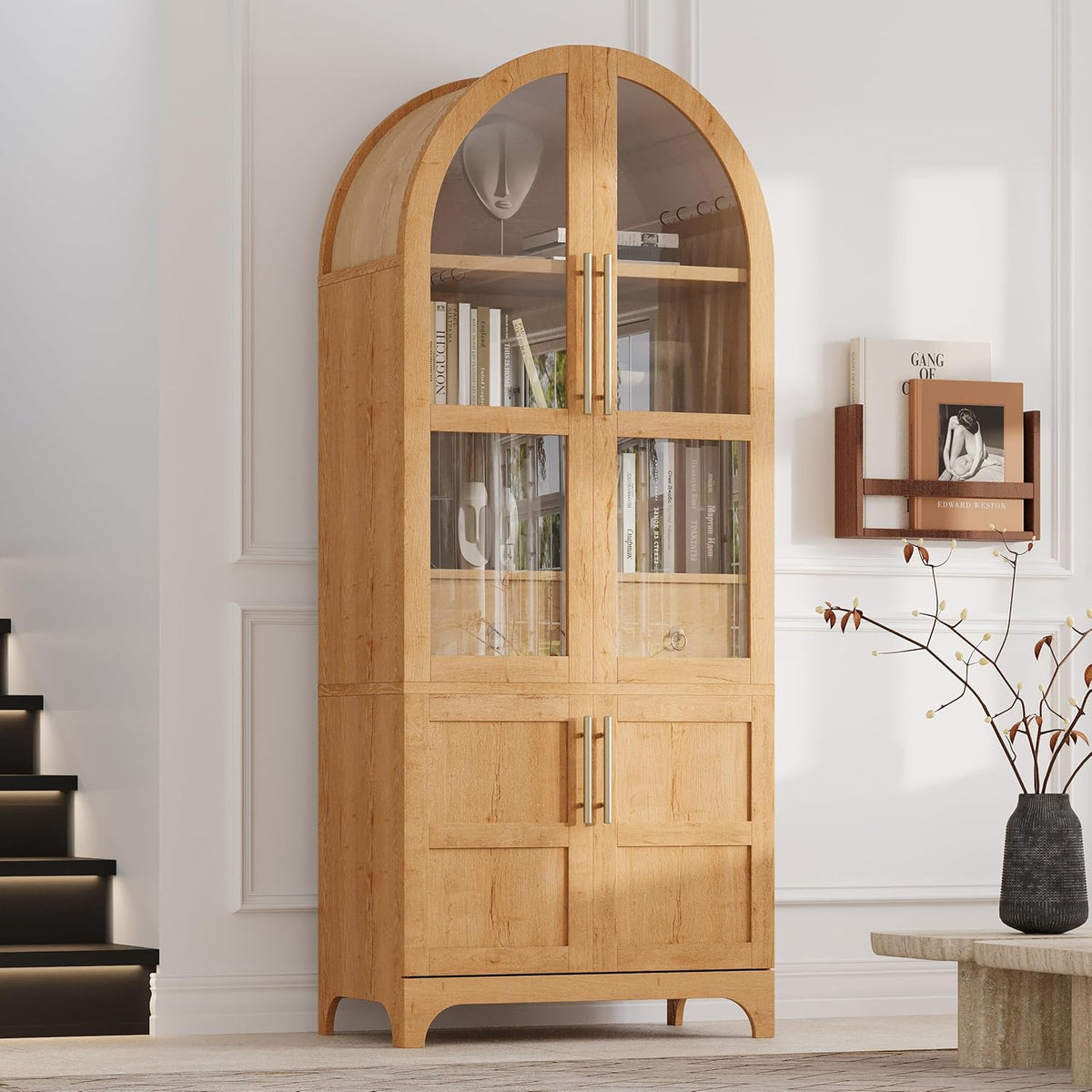 71" Tall Farmhouse Arched Pantry Cabinet with 4 Door Shelves, Adjustable Storage & Hidden Drawer - Rustic Kitchen Cupboard with Glass Door, Dining Room Organization (30"W x 15.75"D) (Natural)