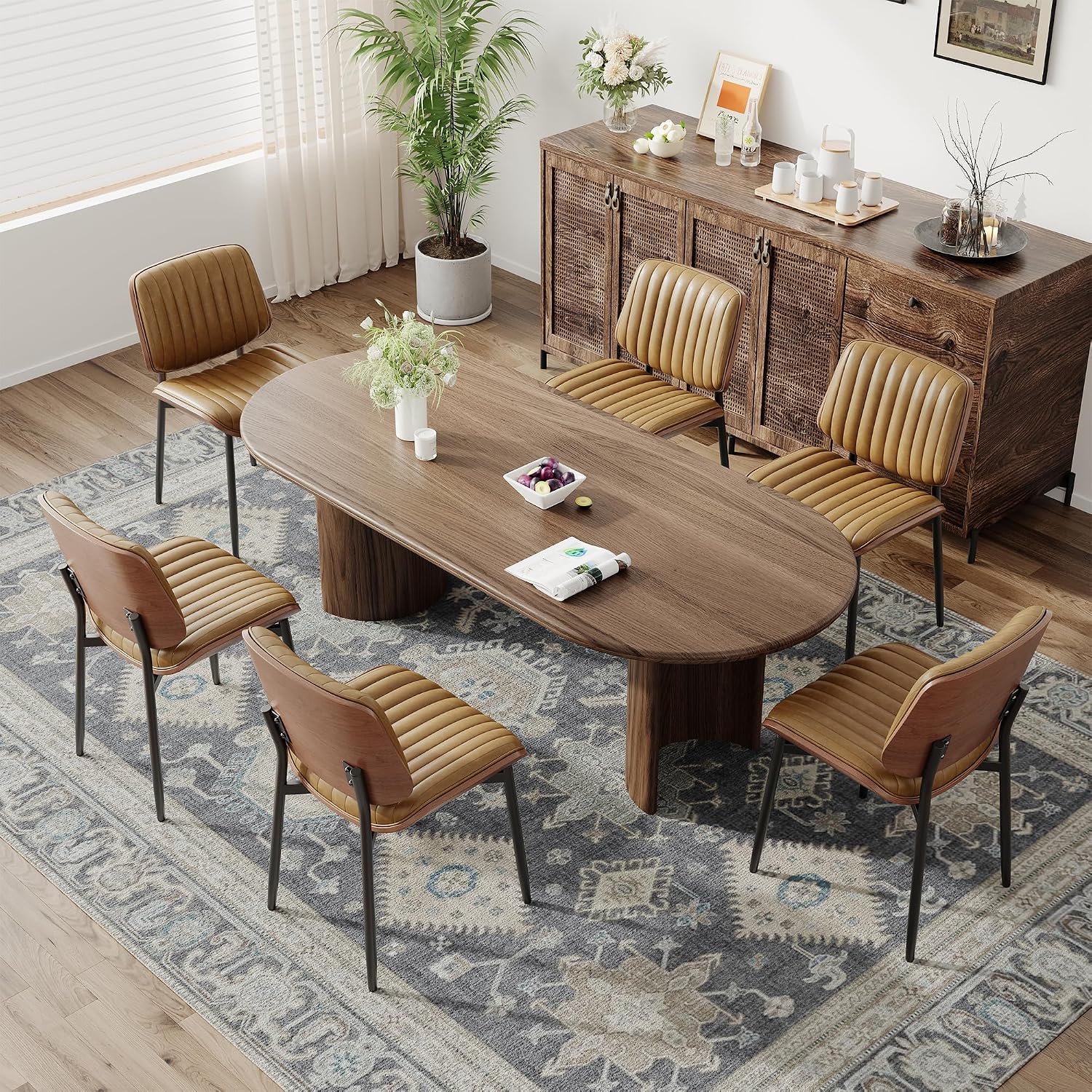 MALOL Leather Dining Chairs Set of 6, Modern Upholstered Dining Room Kitchen Chairs with Metal Legs and Wooden Back Support for Home Dining Room/Restaurant, Light Brown