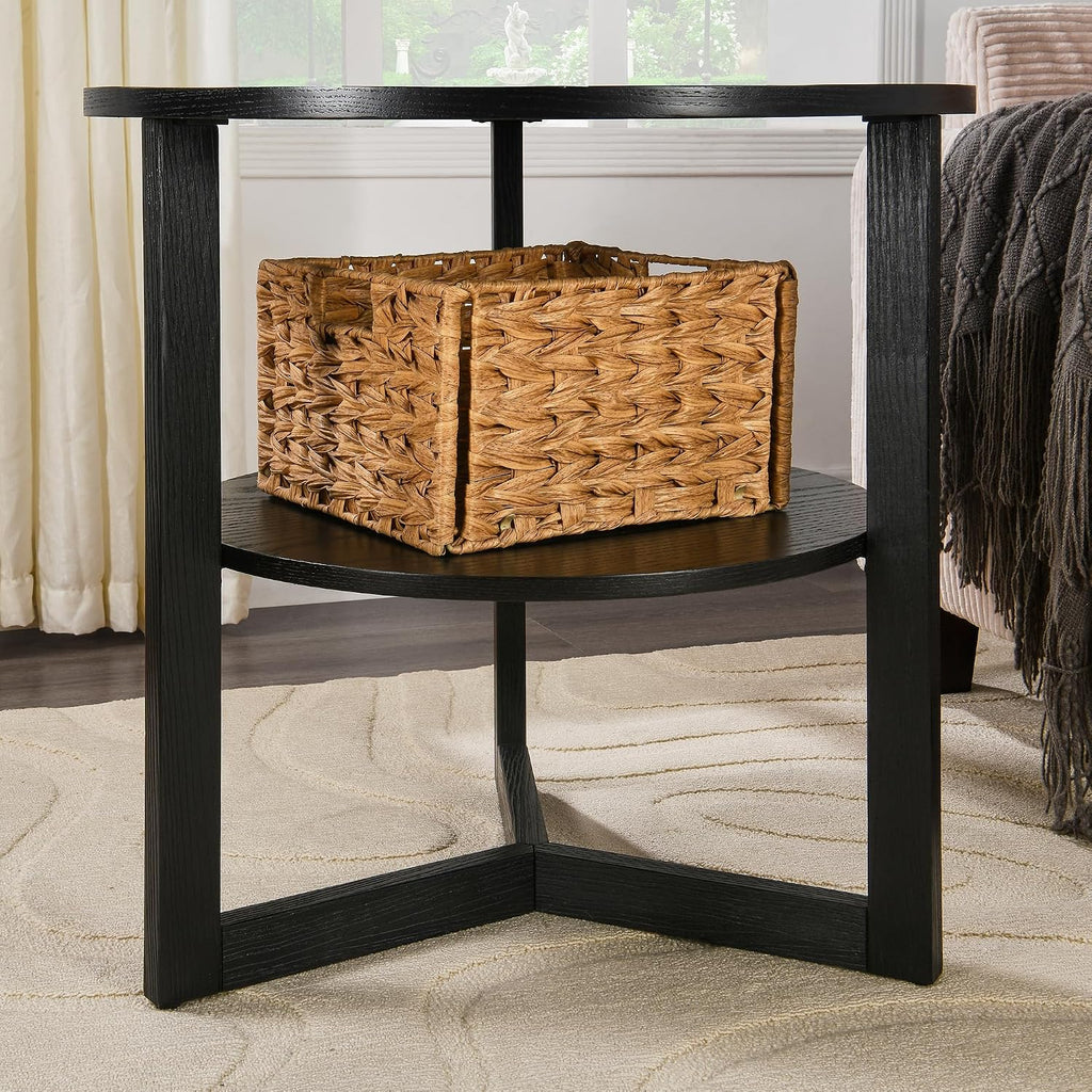Round End Table, Farmhouse Side Table with Solid Wood Criss-Cross Legs for Small Space, Circle Beside Table with 2 Storage Shelves , SofaTable for Living Room, Bedroom, Nightstand, Black CJZ