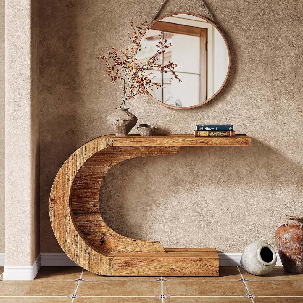Tribesigns 43.3" Farmhouse Console Table for Entryway, Unique C-Shaped Rustic Sofa Table Behind Couch with Storage for Living Room, Hallway, Entry, Entrance, Foyer, Easy Assembly, Natural Brown