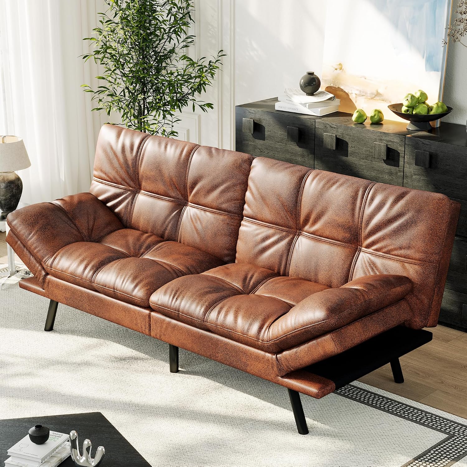 71" Convertible Futon Sofa Bed,Brown Faux Leather Futon Couch,Memory Foam Reclining Sleeper Sofa Bed,Modern Folding Small Loveseat Couches for Living Room,Office,Apartment