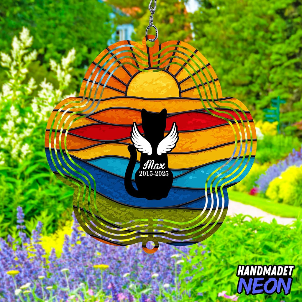 Personalized Cat Memorial Wind Spinner Metal Outdoor Art, Custom Rainbow Angel Wings 3D Kinetic Sculpture, Ornament Hanging Pet Sympathy Gifts for Cats