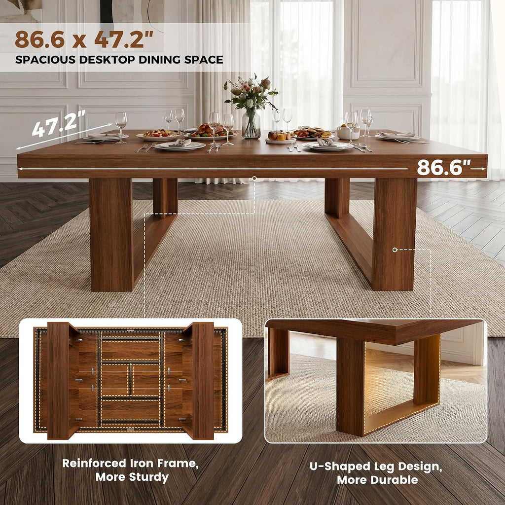 Miereirl 9-Piece Modern Farmhouse Dining Table Set, 86.6" x 47.2" Sturdy Stable Dining Table with 8 Chairs, Rectangular Kitchen Table Set for 8,(Walnut Table+8 Beige Chairs)
