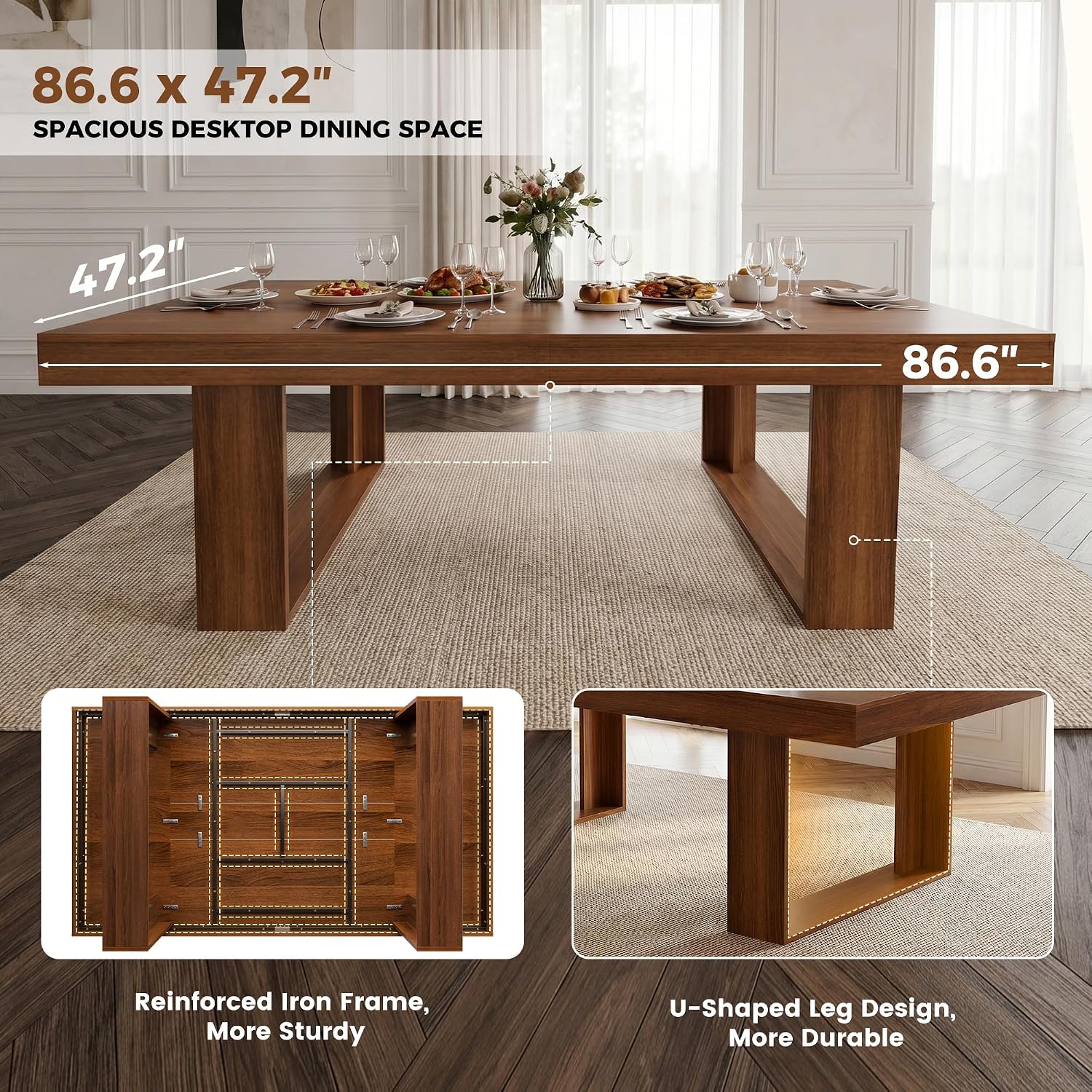 Miereirl 9-Piece Modern Farmhouse Dining Table Set, 86.6" x 47.2" Sturdy Stable Dining Table with 8 Chairs, Rectangular Kitchen Table Set for 8,(Walnut Table+8 Beige Chairs)