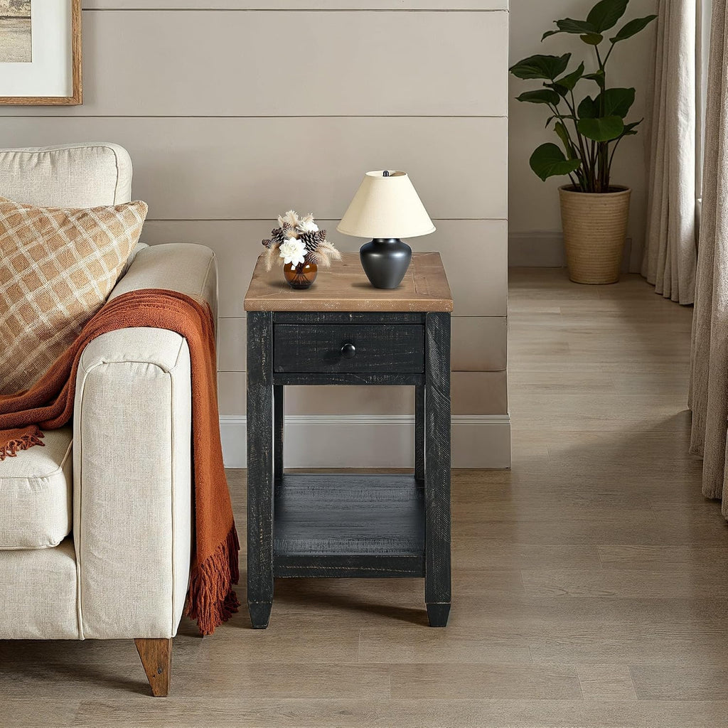 Martin Svensson Home Napa Farmhouse Chairside End Table with Charging Station, Solid Wood Narrow Side Table with Drawer & Shelf, Rustic Accent Table for Living Room or Bedroom. Black and Driftwood.
