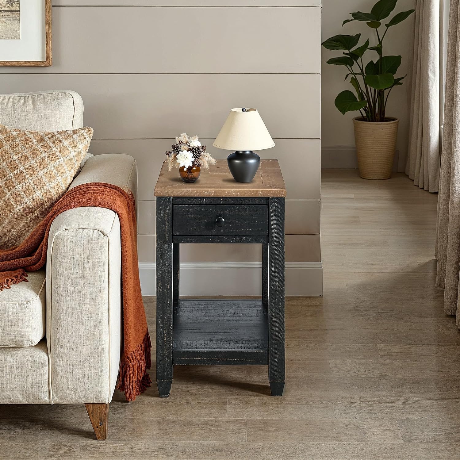 Martin Svensson Home Napa Farmhouse Chairside End Table with Charging Station, Solid Wood Narrow Side Table with Drawer & Shelf, Rustic Accent Table for Living Room or Bedroom. Black and Driftwood.