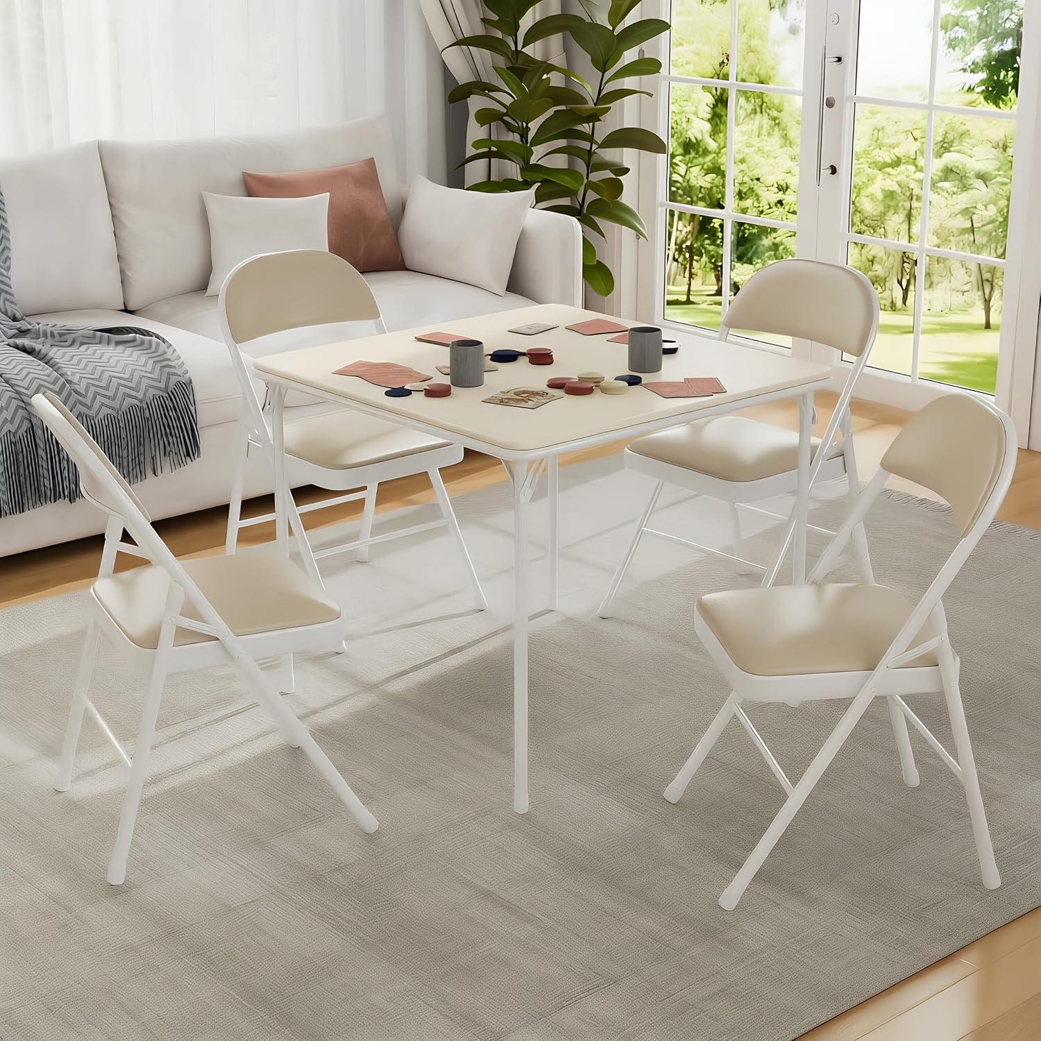 VECELO 34'' Folding Card Table Square with Soft Padded Tabletop, Portable for Dining Room, Parties, Games, Puzzles, Cream & Beige