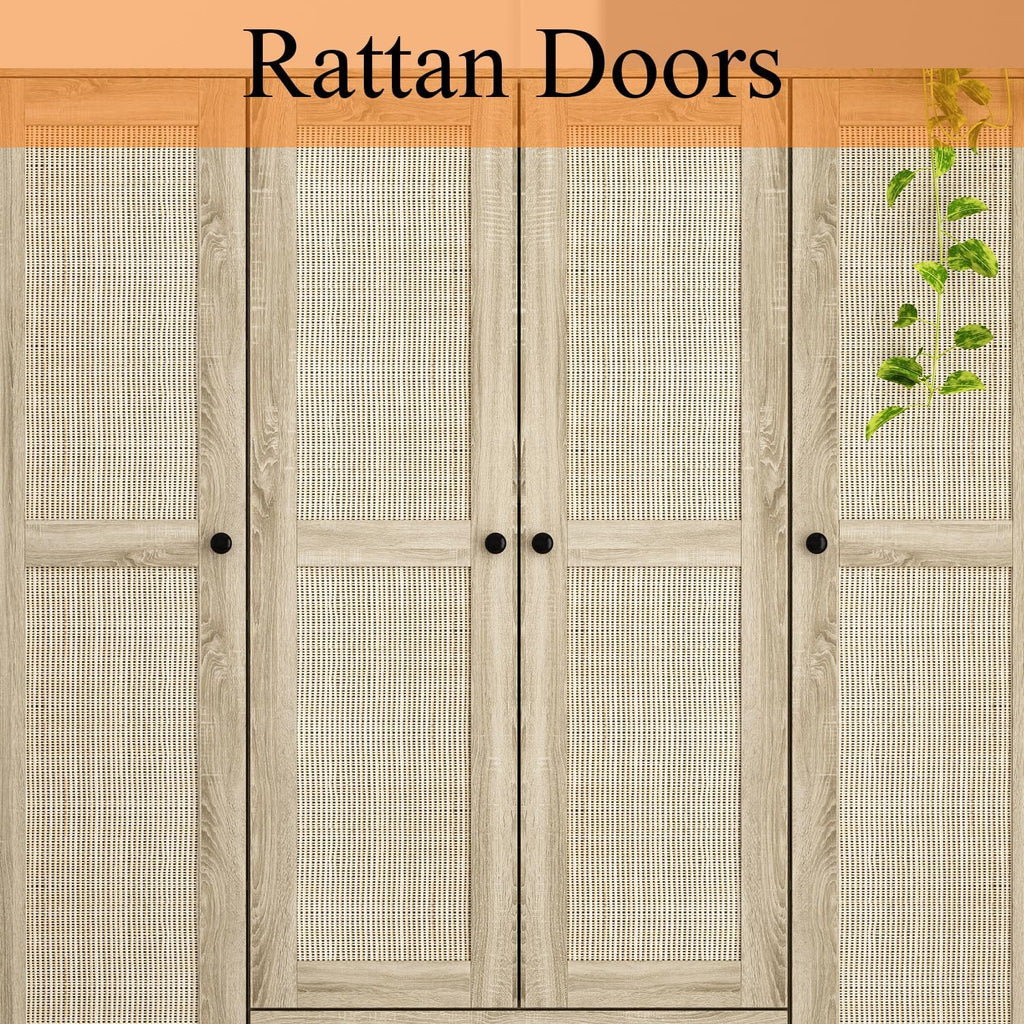 WOODTIME Rattan Armoire Wardrobe Closet with 7 Shelves, 5 Drawers & Hanging Bars, 59" L Wooden Wardrobe Clothes Storage Cabinet for Bedroom, Guest Room, Brown