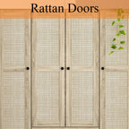 WOODTIME Rattan Armoire Wardrobe Closet with 7 Shelves, 5 Drawers & Hanging Bars, 59" L Wooden Wardrobe Clothes Storage Cabinet for Bedroom, Guest Room, Brown