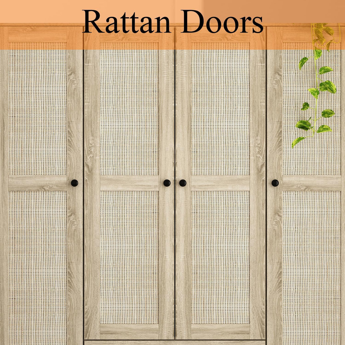 WOODTIME Rattan Armoire Wardrobe Closet with 7 Shelves, 5 Drawers & Hanging Bars, 59" L Wooden Wardrobe Clothes Storage Cabinet for Bedroom, Guest Room, Brown
