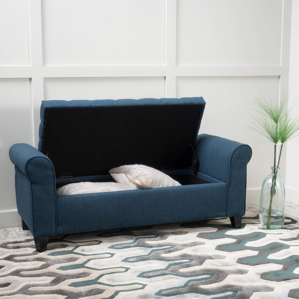 ‎GDF Studio Keiko Fabric Armed Storage Bench, Dark Blue, Dimensions: 19.75”D x 50.00”W x 20.5”H