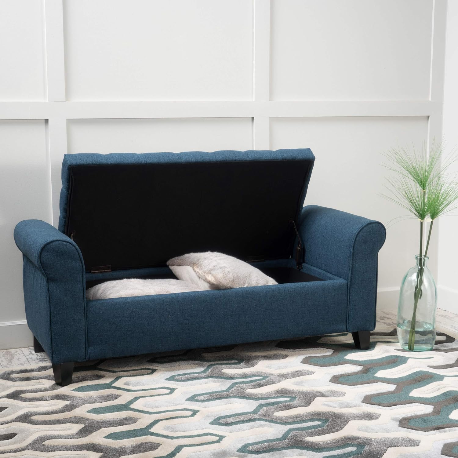 ‎GDF Studio Keiko Fabric Armed Storage Bench, Dark Blue, Dimensions: 19.75”D x 50.00”W x 20.5”H