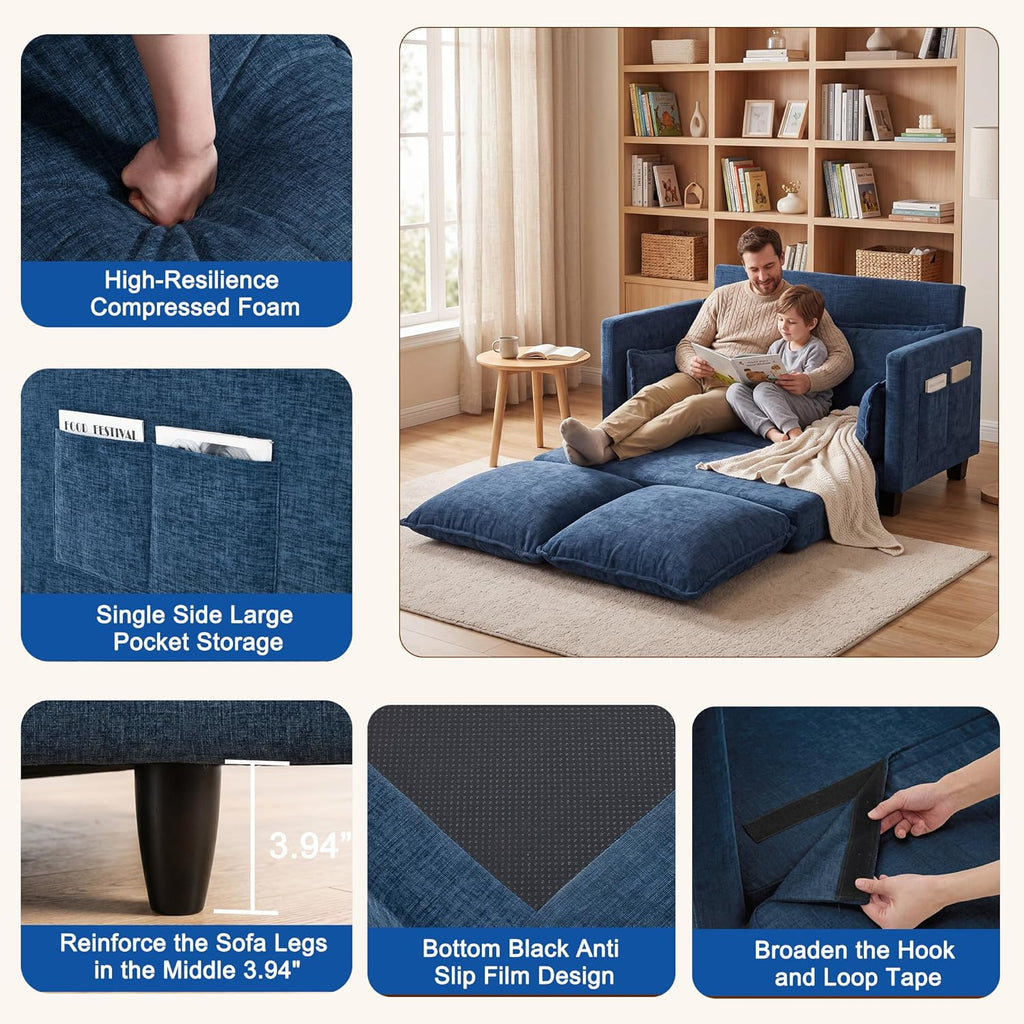 49" Loveseat Sofa Bed, 2 in 1 Convertible Small Sofa Pull Out Couch Bed Chenille Deep 2 Seat Sleeper Twin XL Futon Mattress for Small Spaces Living Room Bedroom Apartment Office, Blue
