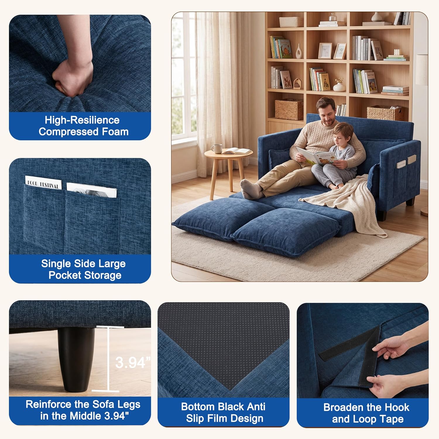 49" Loveseat Sofa Bed, 2 in 1 Convertible Small Sofa Pull Out Couch Bed Chenille Deep 2 Seat Sleeper Twin XL Futon Mattress for Small Spaces Living Room Bedroom Apartment Office, Blue