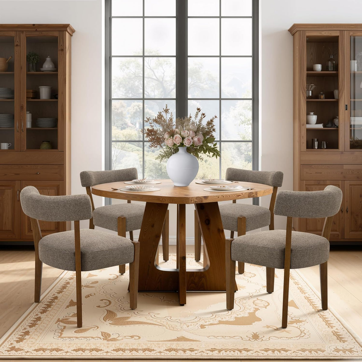 RNKSFX Upholstered Dining Chairs Set of 6, Walnut Wooden Kitchen & Dining Room Chairs, Mid Century Modern Fabric Farmhouse Dining Chairs Oversized Sturdy Rounded Chairs Curved Back, Tan Brown