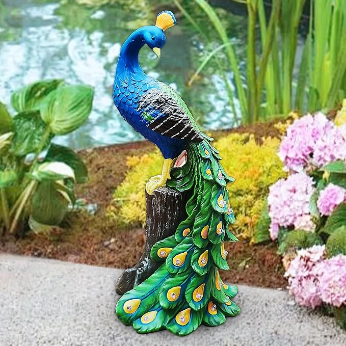 Solar Garden Decor Peacock Statues with Succulent LED Lights,Peacock Figurine Lights Outdoor Decorations for Yard Lawn Patio Balcony Whimsical Art Outside,Gifts for Mom Grandma Women