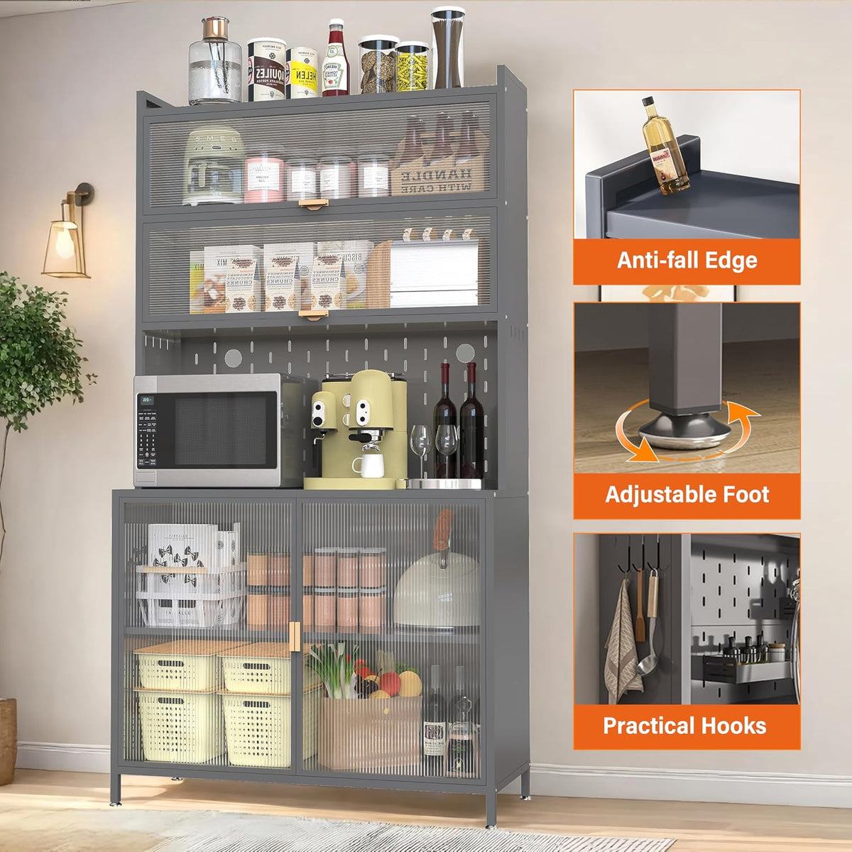 73'' Tall Kitchen Pantry Cabinet, 2 Level Flip Door with Pegboard Metal,Anti-Tip Design Hutch for Kitchen,Dining Room, (Gray)