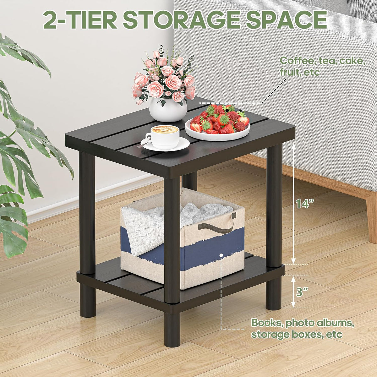 Outdoor Side Table with 2-Tier, Bamboo Small Patio Adirondack Tables | Black,Easy Assembly,Easy Maintenance,Weather Resistant,For Indoor/Outdoor/Patio/Pool/Porch