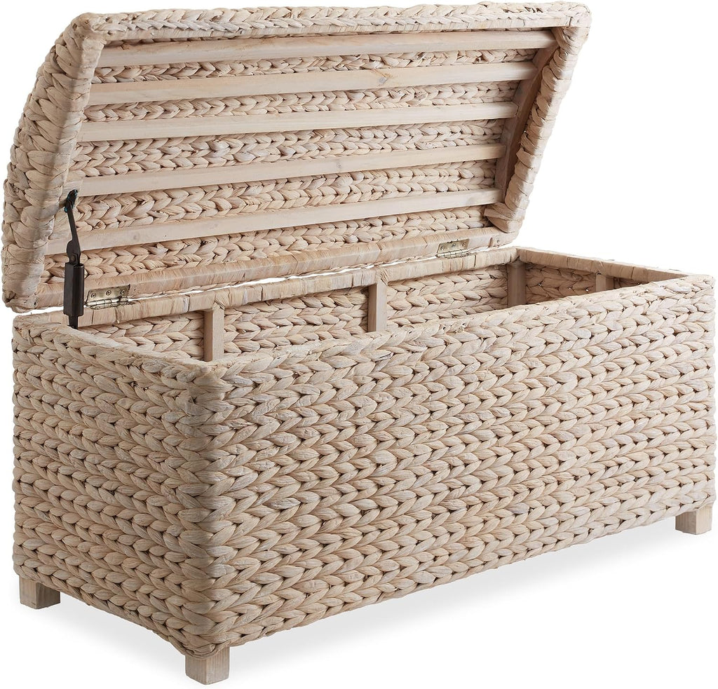 Casafield 36" Storage Trunk with Curved Lid and Safety Hinge - Whitewash, Water Hyacinth Wicker Storage Chest for Bedroom, Entry Way, Living Room