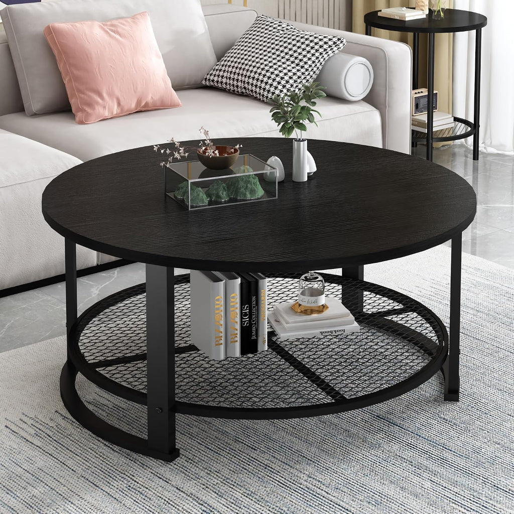 DKLGG 3-Piece Coffee Table and End Table Sets for Living Room, Round Coffee Table Set of 3 with Storage, Modern Farmhouse Rustic Living Room Table Set for Apartment Home Office, Black