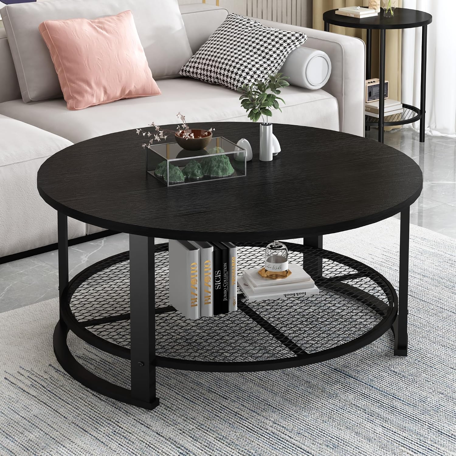 DKLGG 3-Piece Coffee Table and End Table Sets for Living Room, Round Coffee Table Set of 3 with Storage, Modern Farmhouse Rustic Living Room Table Set for Apartment Home Office, Black