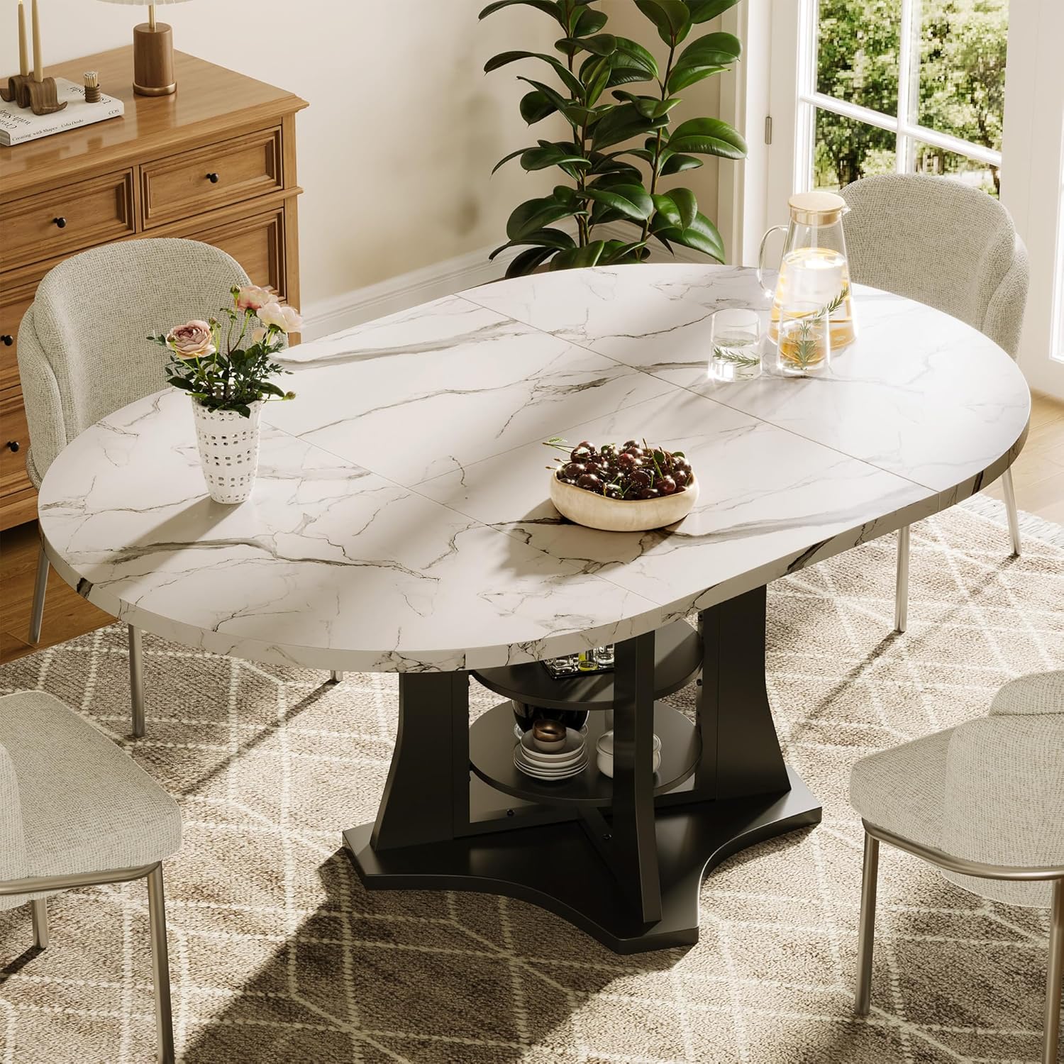 Extendable Dining Table 43"-59" for 4-6, White Faux Marble Round Kitchen Dining Room Table with 2 Tier Storage Shelves, Expandable Round to Oval Dinner Table with Storage for Kitchen Living Room