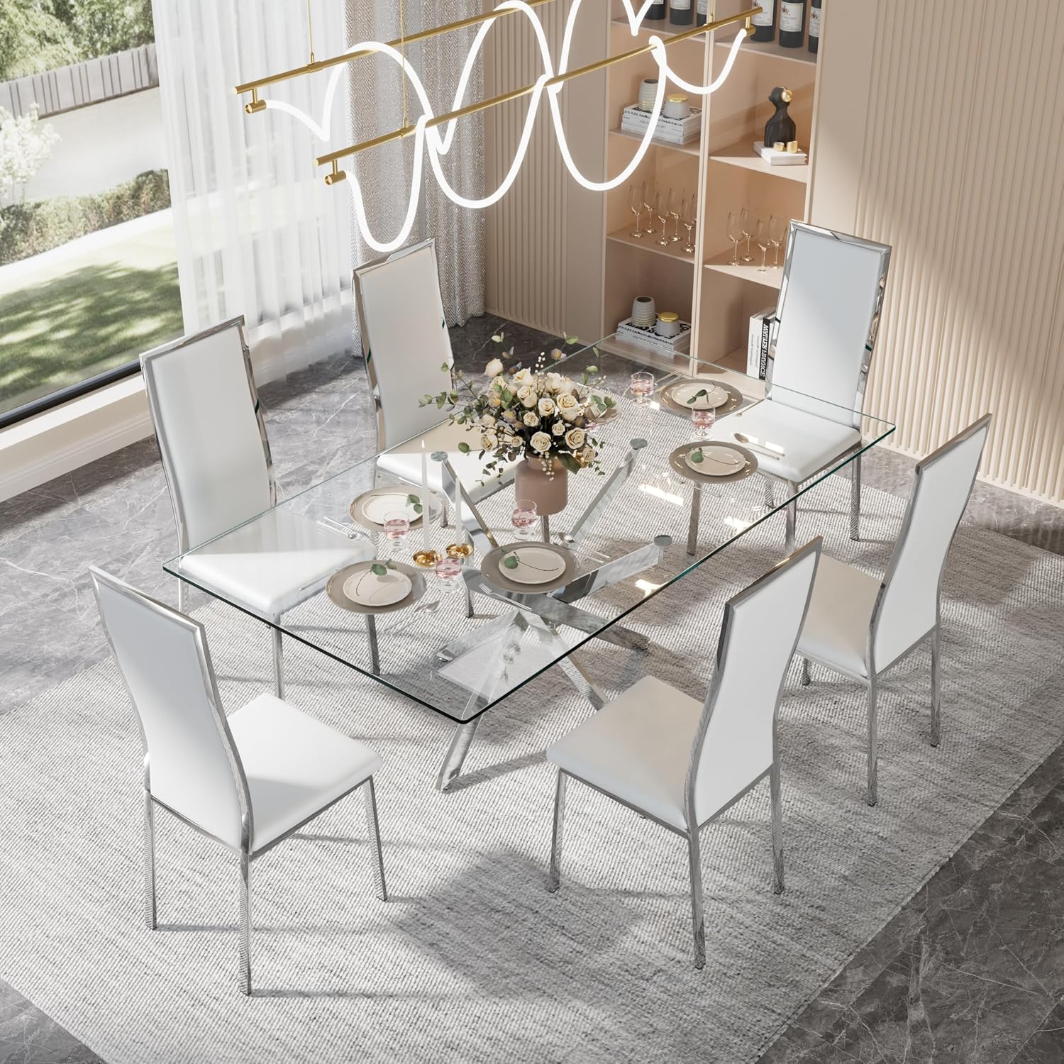 Modern Dining Chairs Set of 6, White Faux Leather with Chrome Silver Metal Legs, Curved High Back Design & Cloud Cushioning, Mid-Century Kitchen Chairs with Non-Slip Feet (Easy Assembly)
