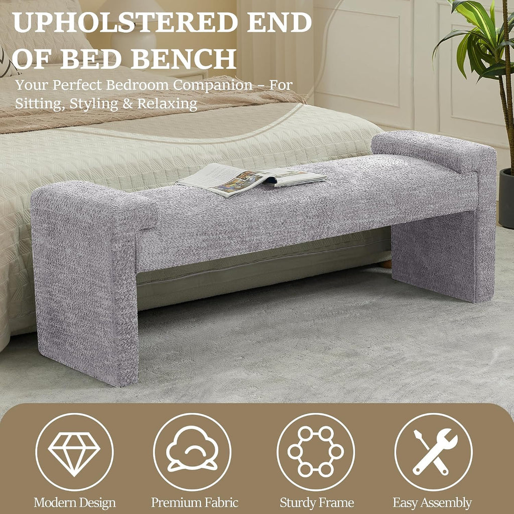 WUTUTUEE 58.7" End of Bed Bench Upholstered Modern Bedroom Bench for Living Room & Entryway, Easy Assembly, Footrest Ottoman Accent Window Bench with Solid Wood Frame & Curved Arm, Grey