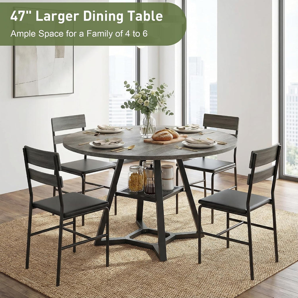 knoworld 51" Round Dining Table for 4-6, Kitchen Table with Storage Shelf, Heavy Duty Circle Pedestal Table for Small Spaces, Farmhouse Wood Dinner Table,Grey