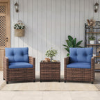 Garvee Outdoor Wicker Chairs,3 Pieces Patio Furniture Set,All Weather High Back Rattan Chairs w/Washable Cushion and Tempered Glass Tabletop for Deck Porch Balcony Backyard Garden,Brown & Blue