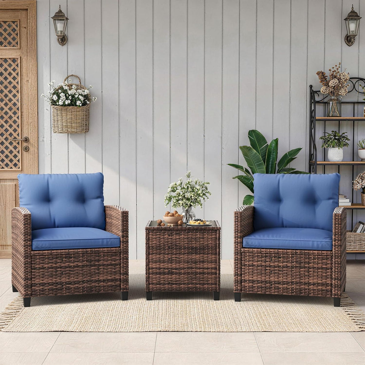 Garvee Outdoor Wicker Chairs,3 Pieces Patio Furniture Set,All Weather High Back Rattan Chairs w/Washable Cushion and Tempered Glass Tabletop for Deck Porch Balcony Backyard Garden,Brown & Blue