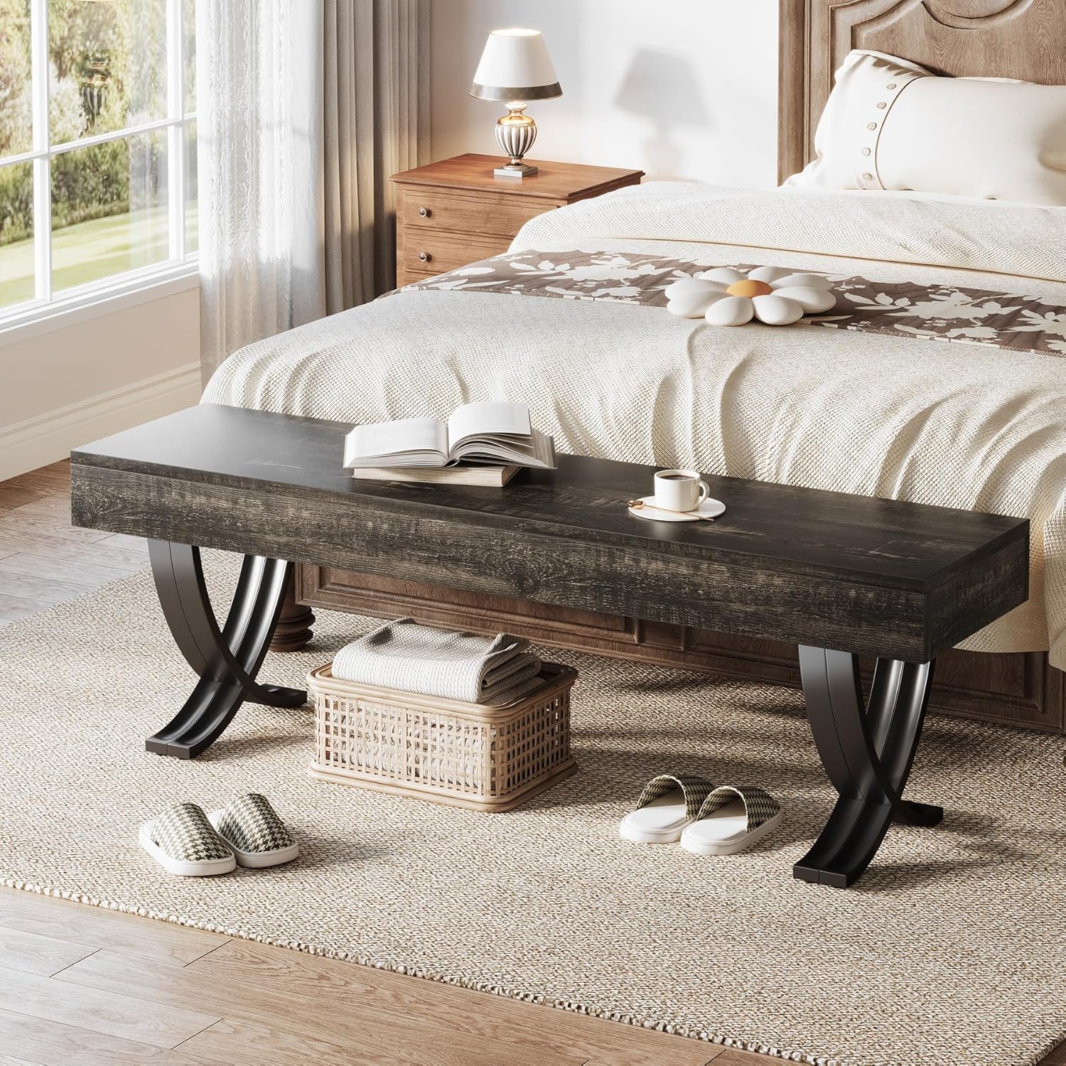Tribesigns Entryway Shoe Bench, 55-Inch Wooden Shoe Bench with Metal X-Shaped Legs, Industrial Long End of Bed Stool with Seating for Living Room, Bedroom, Hallway, Porch (Oak & Black)