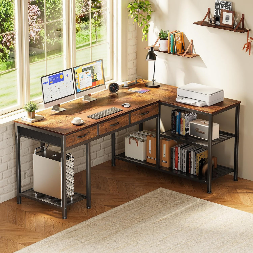 PRAISUN 55 Inch L Shaped Office Desk with Power Outlets and Type-C Port, Large Computer Gaming Desk with 3 Fabric Drawers, Mesh Shelves, Corner Study Work Writing Desk, Rustic Brown