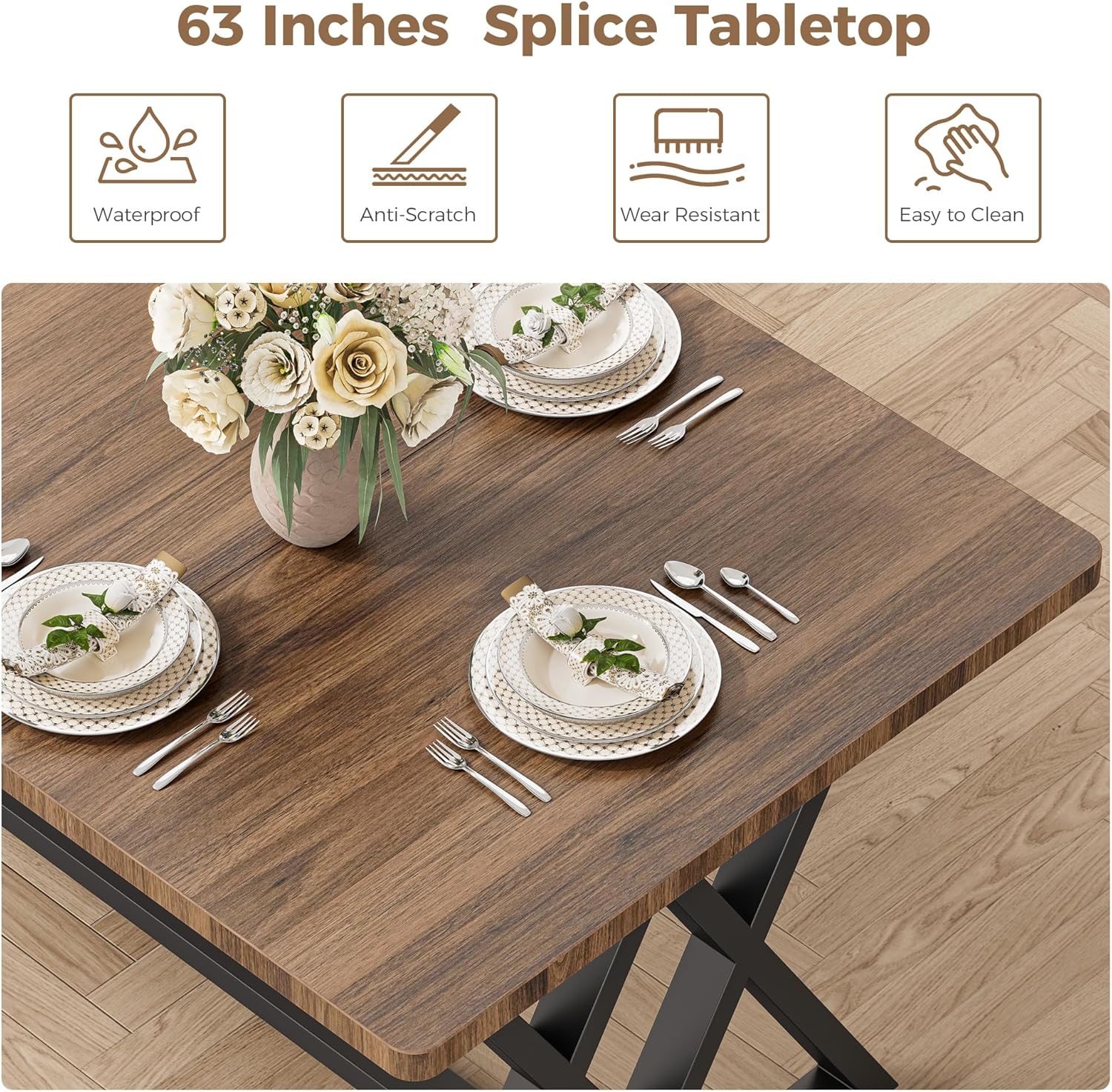 IRONCK 63" Dining Table for 4-6, Modern Rectangular Kitchen Table with Sturdy Metal Frame & Geometric Legs for Dining Room, Easy Clean-Brown