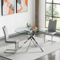 47.25 Inch Round Glass Dining Table Set for 2, Modern 3 Piece Dining Room Table Set with 2 Grey Leather Upholstered Chairs, Glass Kitchen Table and Chairs Set with Silver Metal Legs for Dining Room