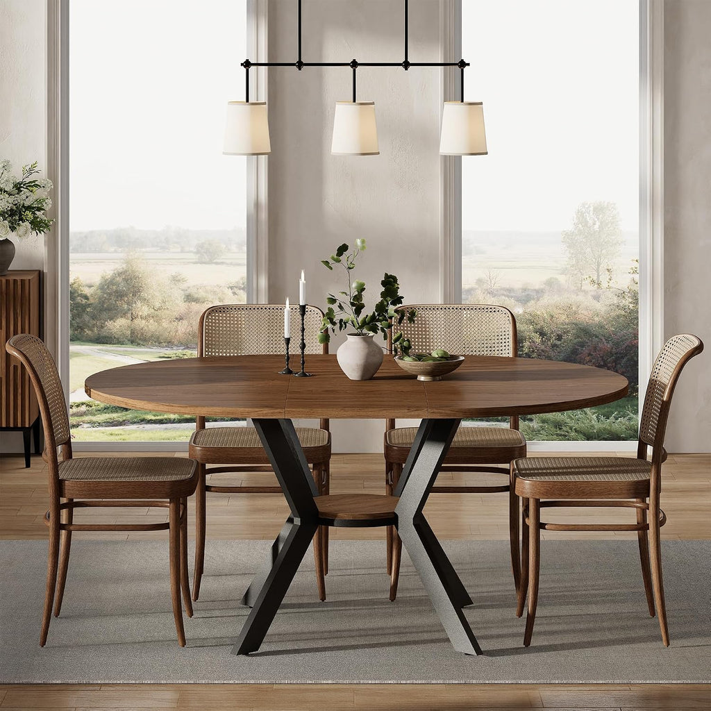 42"-58" Extendable Round Dining Table for 4-6, Kitchen Oval Table with Hidden Leaves & Storage Shelf, Space Saving Modern Design with Sturdy Metal Legs for Kitchen, Dining Room & Small Apartments