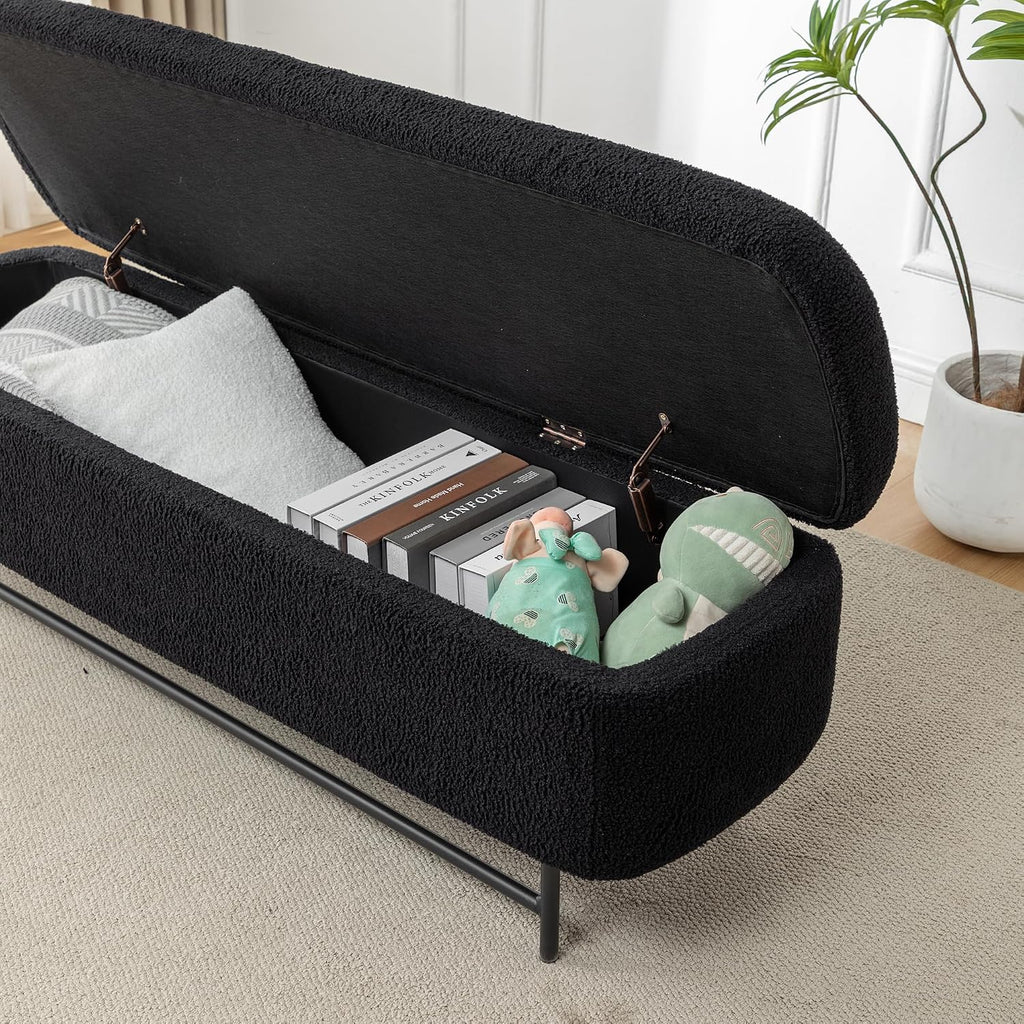 56" Boucle Storage Bench for Bedroom, Upholstered Teddy Ottoman Bench, Modern Extra Long Storage Bench for End of Bed/Entryway/Livingroom/Window (Black)