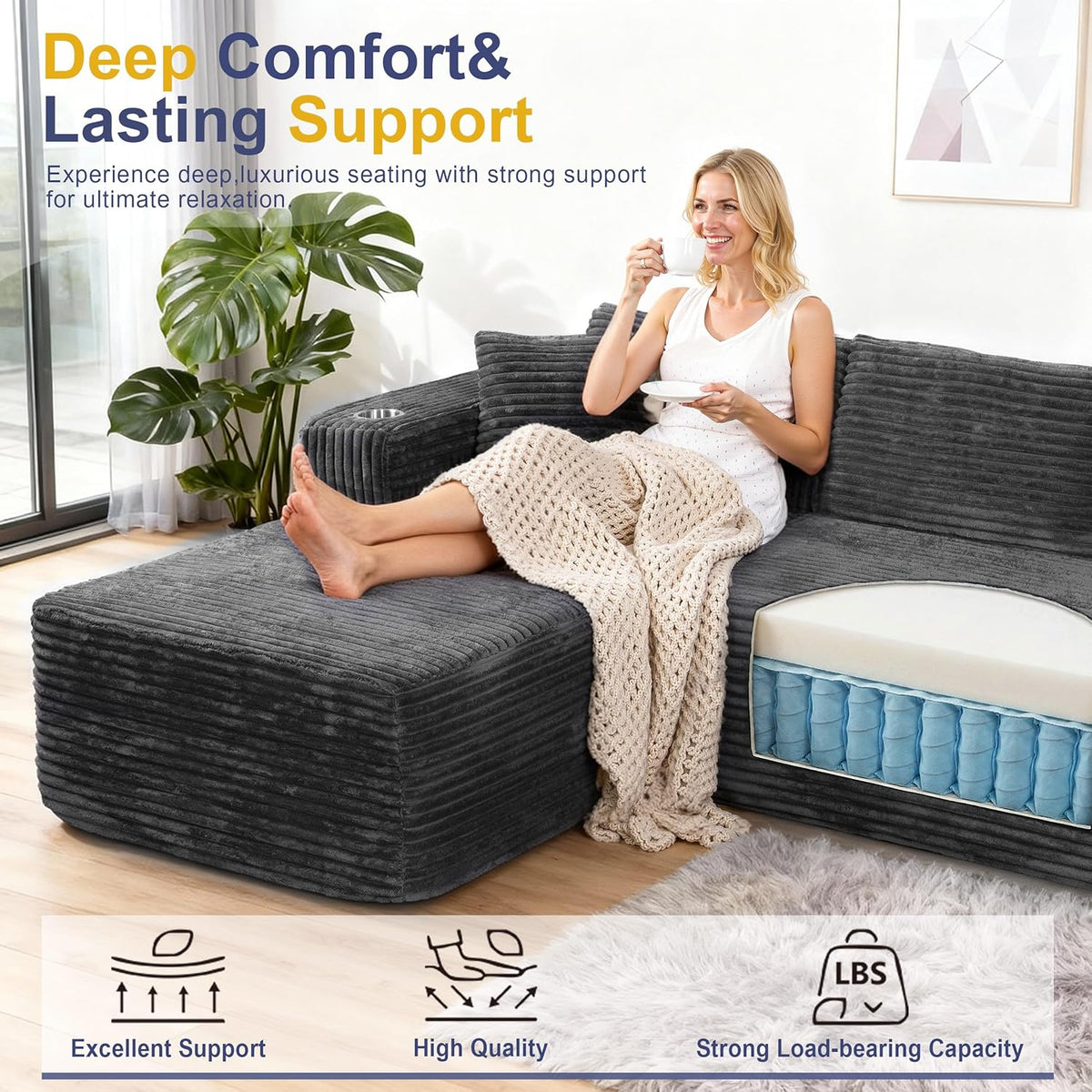 Shintenchi 103" Couches for Living Room with 2 Cup Holders,L Shaped Modular Sectional Sofa Set,No Assembly Needed Plush Corduroy Living Room Set,Dark Gray