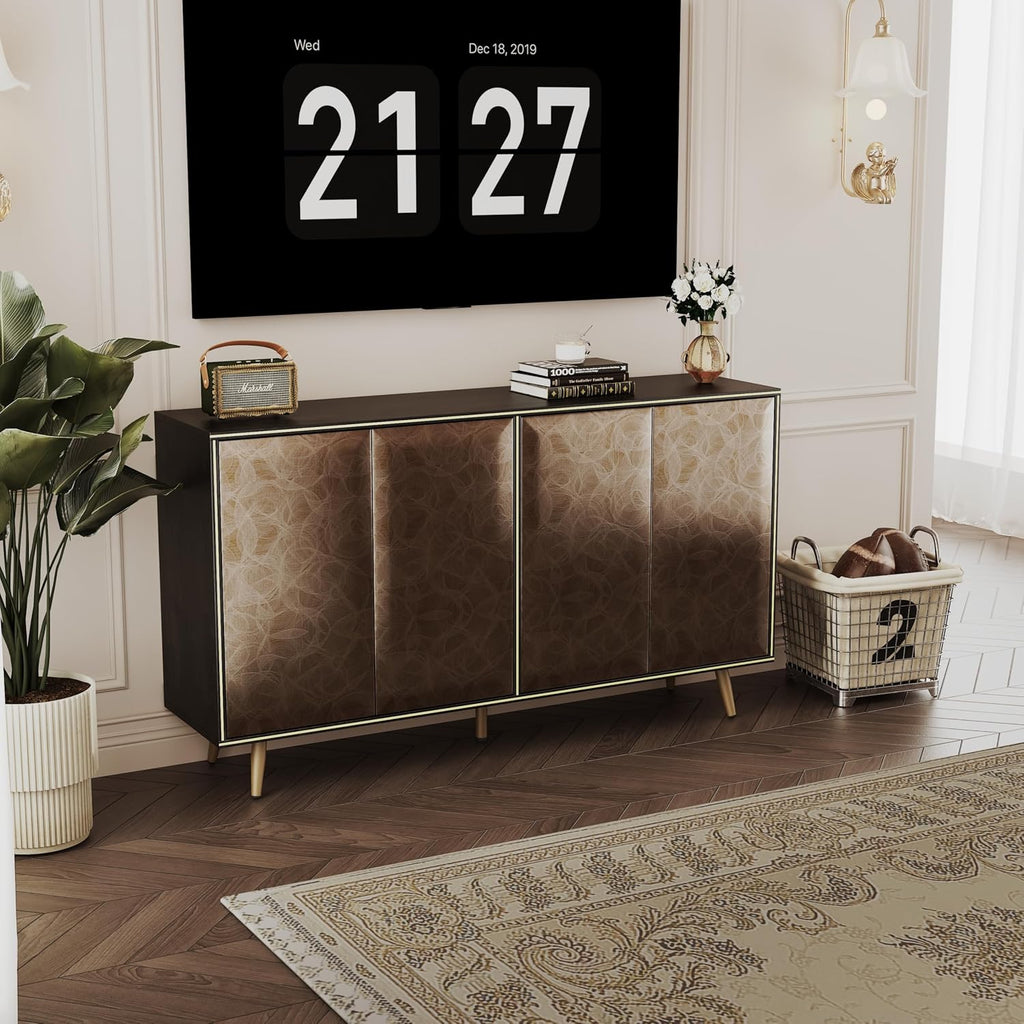 Sideboard Buffet Cabinet with Raised Shaped & Geometric Line Texture Door Panel, Accent Storage Cabinet for Living Room (Cabinet Body- Black Oak, 4 Door-15 D x 61" W x 34.5" H)
