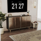 Sideboard Buffet Cabinet with Raised Shaped & Geometric Line Texture Door Panel, Accent Storage Cabinet for Living Room (Cabinet Body- Black Oak, 4 Door-15 D x 61" W x 34.5" H)